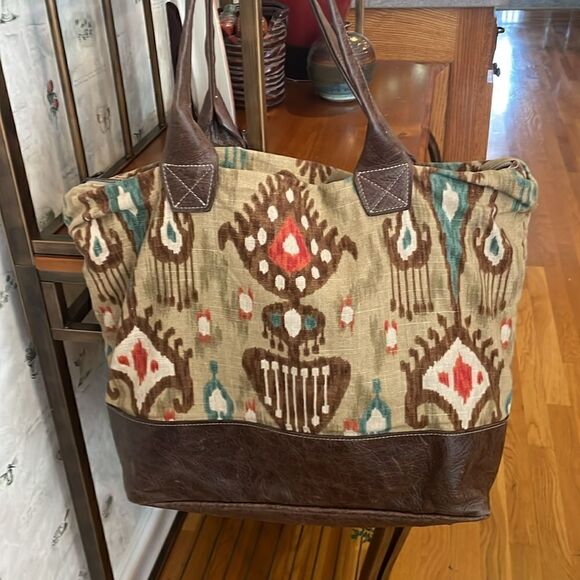VeeShee Canvas Leather Shoulder Tote Bag Large 14" x 15" x 6" Brown/Tan Gray USA - Picture 3 of 10